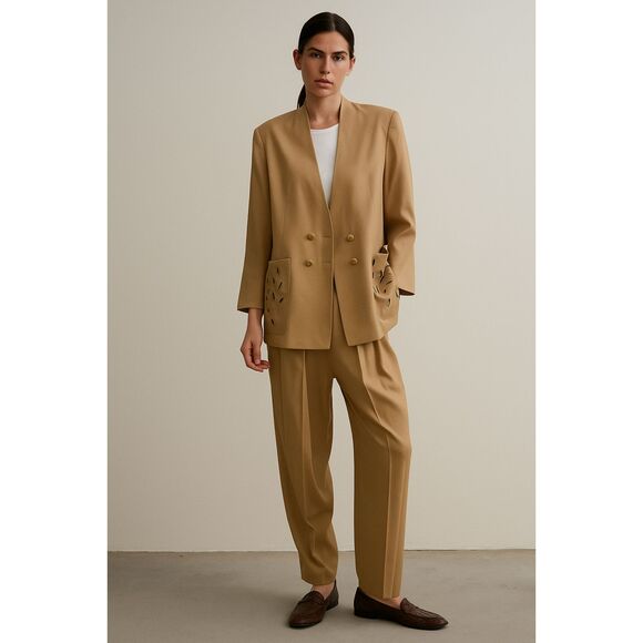 Emmanuelle Khanh Paris Double Button Blazer with Pleated Pants in Warm Tan 42 - Picture 1 of 16